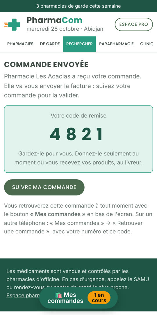 Code de remise de la commande